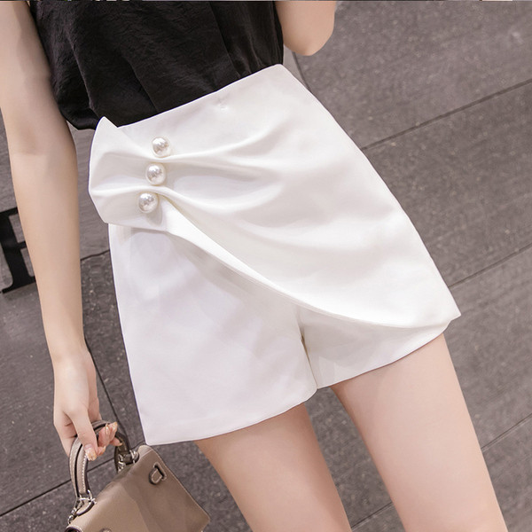 Fusta de dama eleganta in alb si negru cu talie inalta si perle decorative