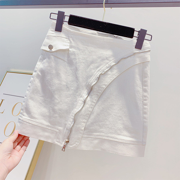 Fusta de dama moderna din denim cu fermoar alb