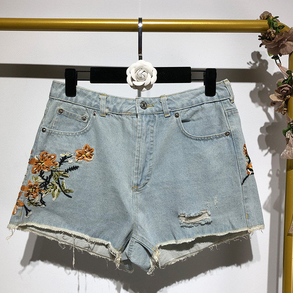 Blugi scurti de dama cu broderie si motiv rupt in albastru