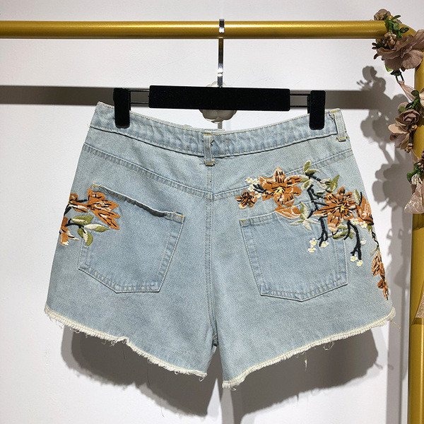 Blugi scurti de dama cu broderie si motiv rupt in albastru