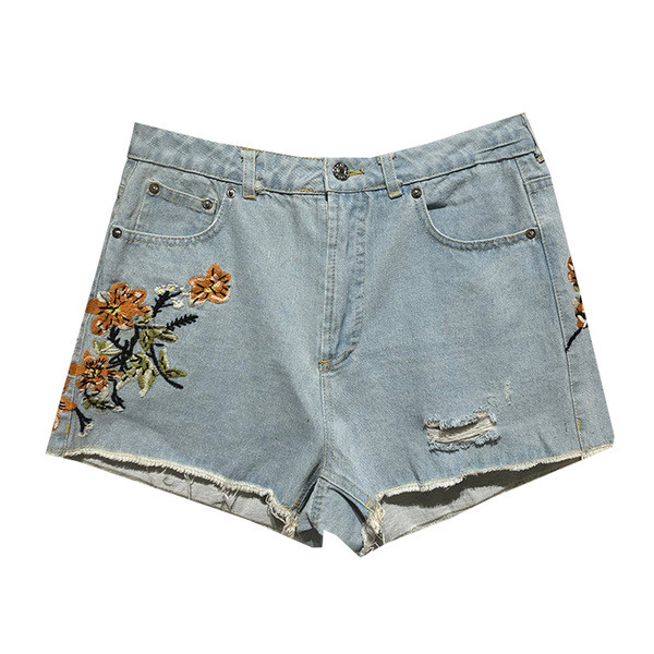 Blugi scurti de dama cu broderie si motiv rupt in albastru