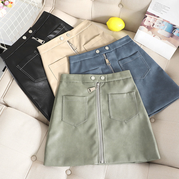 Fusta de dama eleganta din piele ecologica cu fermoar si buzunare in mai multe culori
