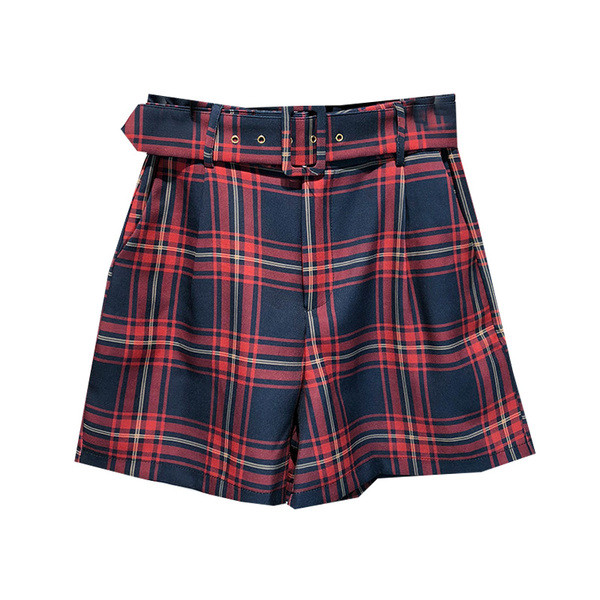 Pantaloni scurti de dama in carouri cu centura si buzunare