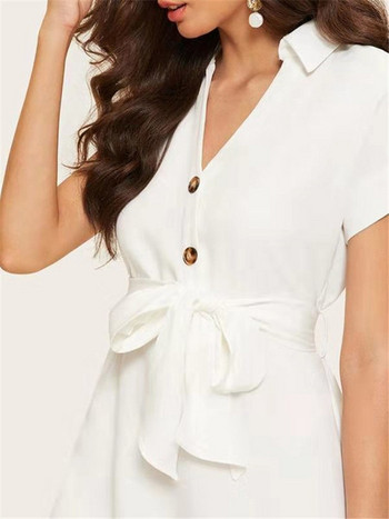 Rochie de dama cu maneca scurta cu decolteu in V in culoarea alba