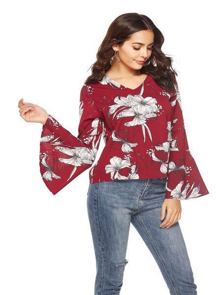 Bluză de damă modernă cu model floral și mâneci lotus