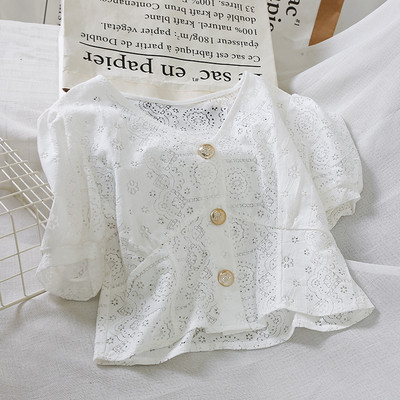 Cămașă elegantă de damă cu decolteu în V și nasturi în alb și verde