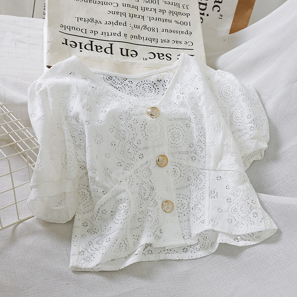 Cămașă elegantă de damă cu decolteu în V și nasturi în alb și verde