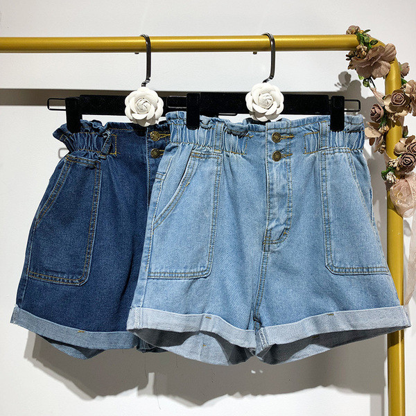 Pantaloni scurți din denim cu elastic și nasturi în talie