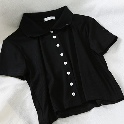 Cămașă casual de damă cu mâneci scurte și nasturi în negru, alb și roșu