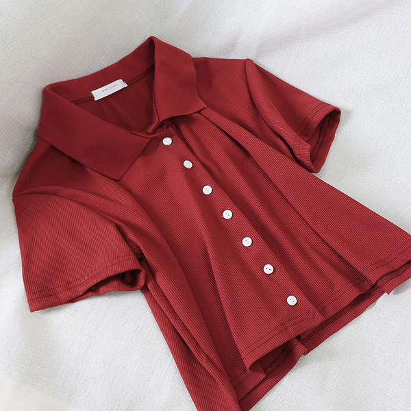 Cămașă casual de damă cu mâneci scurte și nasturi în negru, alb și roșu