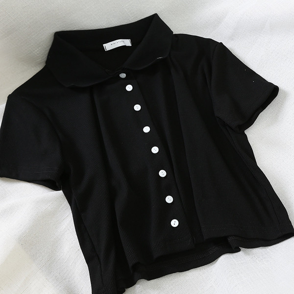 Cămașă casual de damă cu mâneci scurte și nasturi în negru, alb și roșu