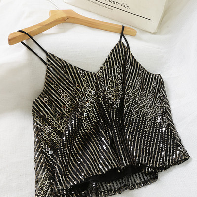 Maieu modern de damă cu bretele subțiri și paiete în alb-negru