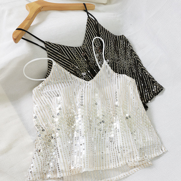 Maieu modern de damă cu bretele subțiri și paiete în alb-negru