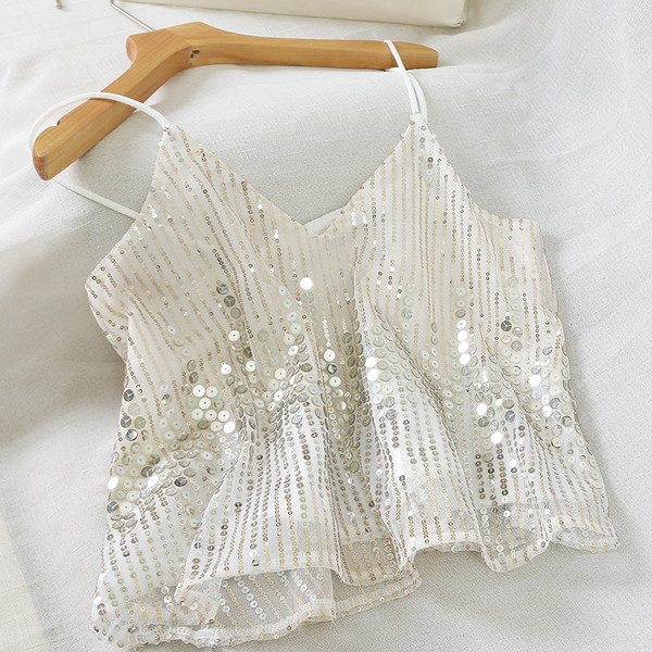 Maieu modern de damă cu bretele subțiri și paiete în alb-negru