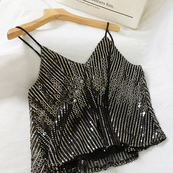 Maieu modern de damă cu bretele subțiri și paiete în alb-negru