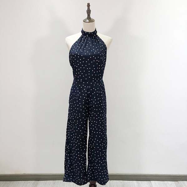 Γυναικεία ολόσωμη φόρμα σιφόν  πουά σε μπλε χρώμα εξώπλατο