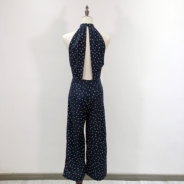 Γυναικεία ολόσωμη φόρμα σιφόν  πουά σε μπλε χρώμα εξώπλατο