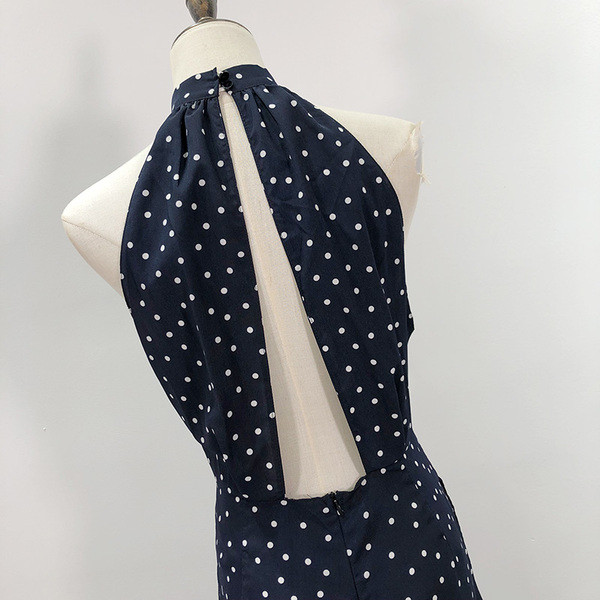 Γυναικεία ολόσωμη φόρμα σιφόν  πουά σε μπλε χρώμα εξώπλατο