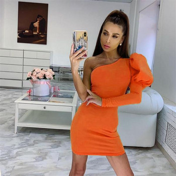 Модерна дамска рокля с един ръкав в черен и оранжев цвят