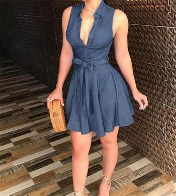 Rochie casual de dama cu curea si nasturi in albastru