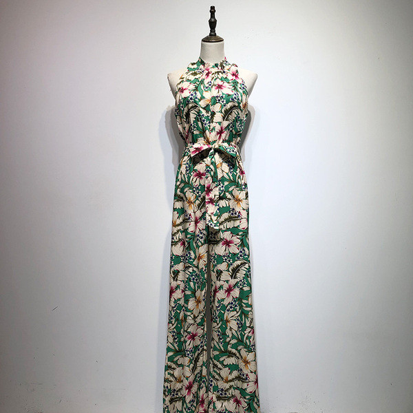 Salopetă lungă de damă, fără mâneci, cu model floral