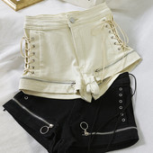 Pantaloni scurți de damă cu fermoare și cravate în alb-negru