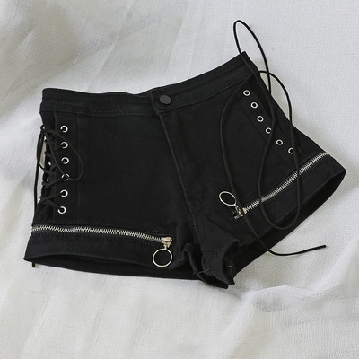 Pantaloni scurți de damă cu fermoare și cravate în alb-negru