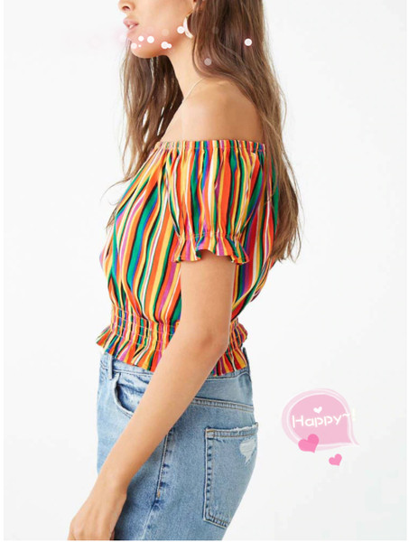Bluză de damă în dungi cu umerii goi și talie elastică