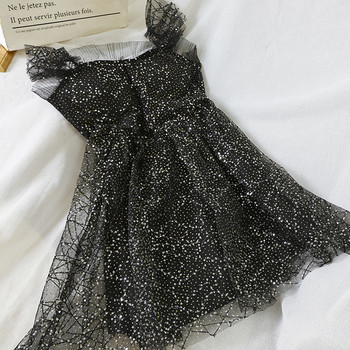 Model elegant de rochie de dama cu efect stralucitor in negru si bej