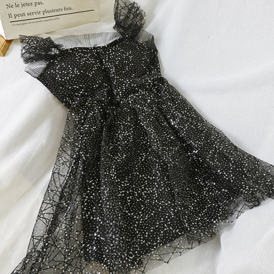 Model elegant de rochie de dama cu efect stralucitor in negru si bej