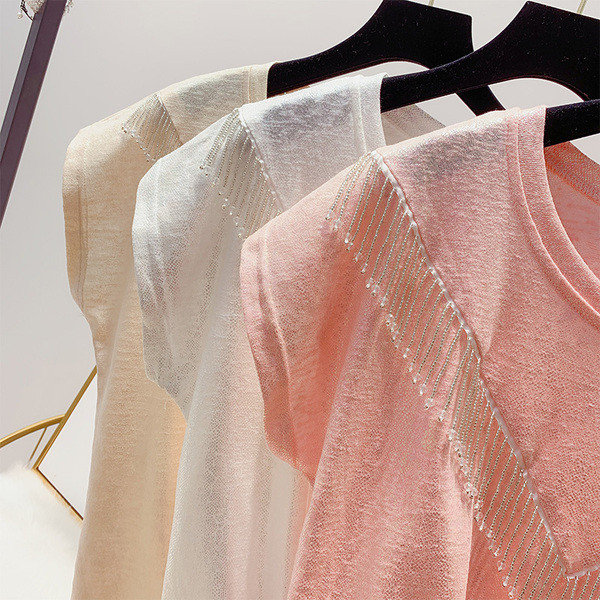 Bluza de dama cu maneci scurte si margele in trei culori