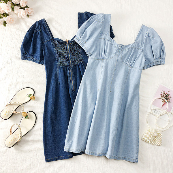 Rochie de damă actuală din denim cu mâneci scurte în două culori