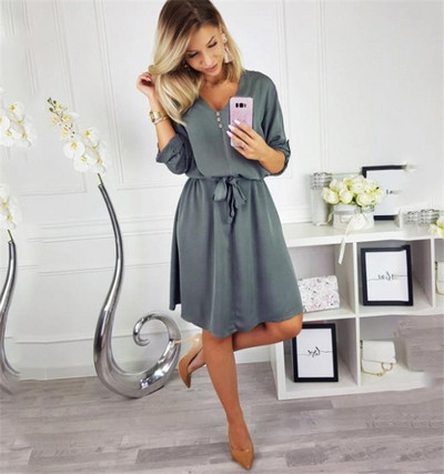 Rochie moderna de dama cu centura si nasturi - mai multe culori