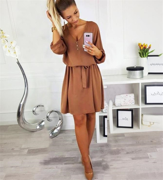 Rochie moderna de dama cu centura si nasturi - mai multe culori