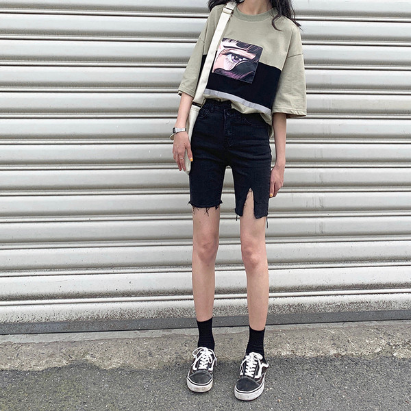 Blugi casual dama lungime 3/4 cu motive rupte in negru