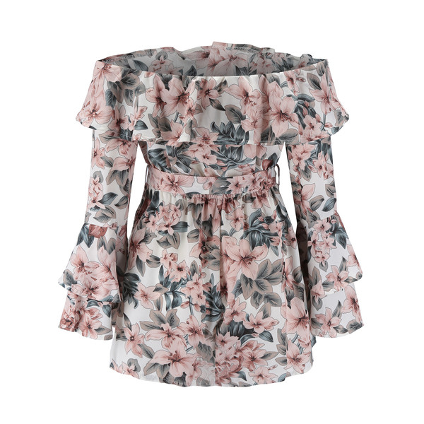 Νέες μοντέρνες γυναικείες ολόσωμες φόρμες με floral μοτίβα και γυμνούς ώμους