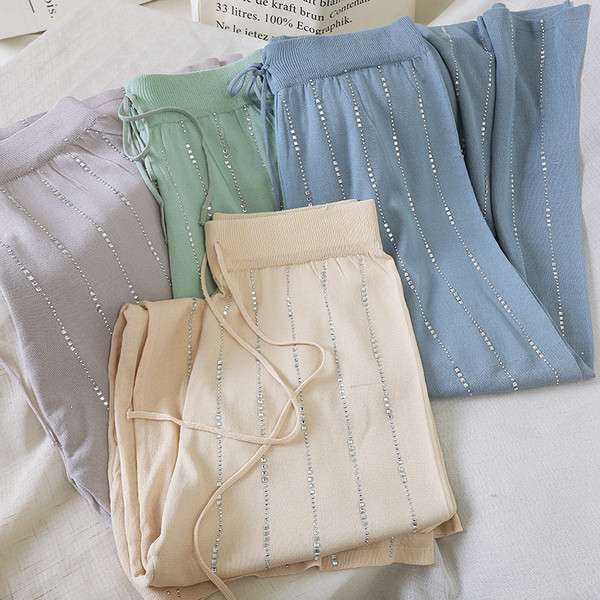 Pantaloni casual dama cu pietre si talie inalta in mai multe culori