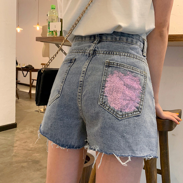 Pantaloni scurți casual de damă cu talie înaltă și motive rupte