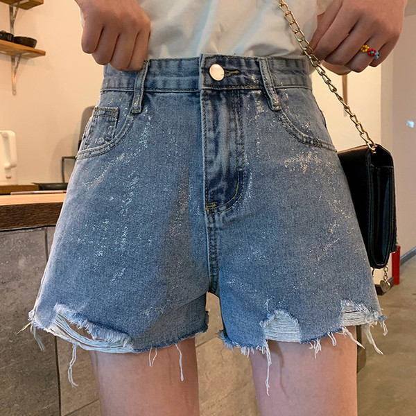 Pantaloni scurți casual de damă cu talie înaltă și motive rupte