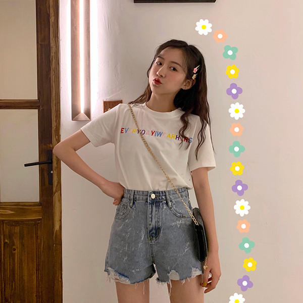 Pantaloni scurți casual de damă cu talie înaltă și motive rupte