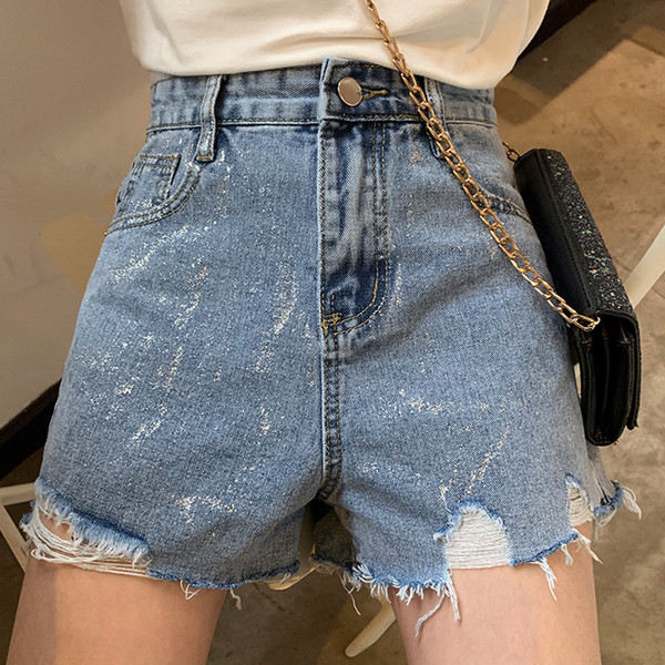 Pantaloni scurți casual de damă cu talie înaltă și motive rupte