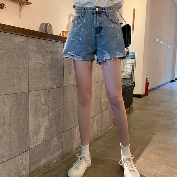 Pantaloni scurți casual de damă cu talie înaltă și motive rupte