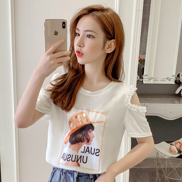 Tricou de dama modern in doua culori cu aplicatie