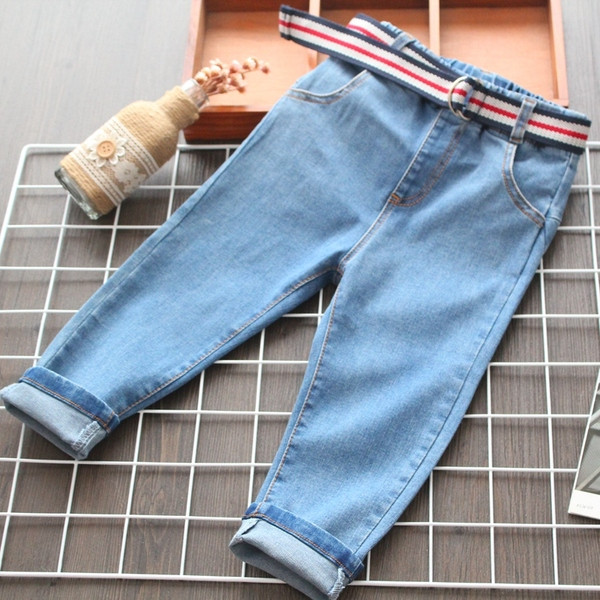 Blugi moderni pentru copii cu curea in albastru pentru fete
