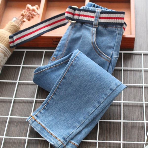Blugi moderni pentru copii cu curea in albastru pentru fete