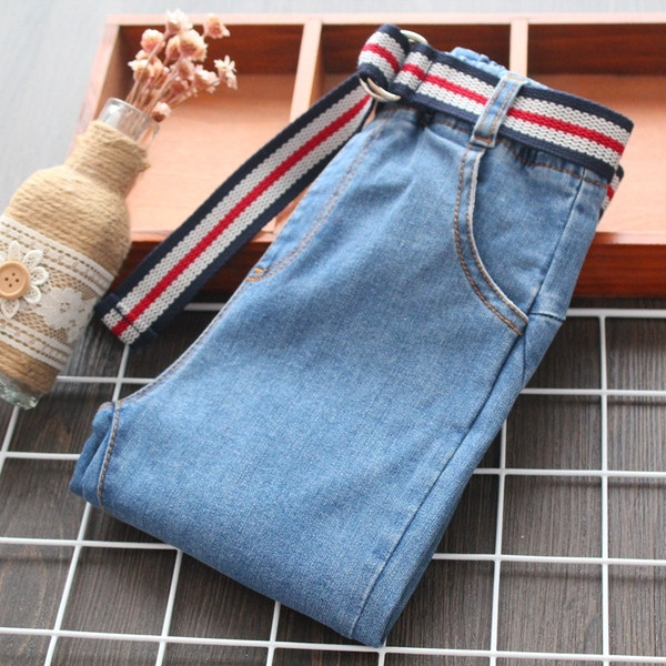 Blugi moderni pentru copii cu curea in albastru pentru fete