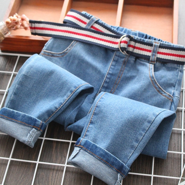 Blugi moderni pentru copii cu curea in albastru pentru fete