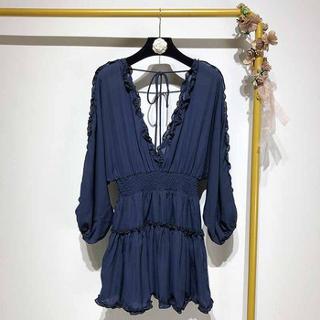 Rochie cu decolteu în V adânc și mâneci lungi în albastru