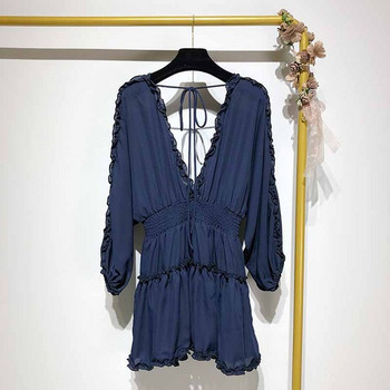 Rochie cu decolteu în V adânc și mâneci lungi în albastru