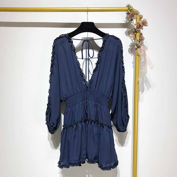 Rochie cu decolteu în V adânc și mâneci lungi în albastru